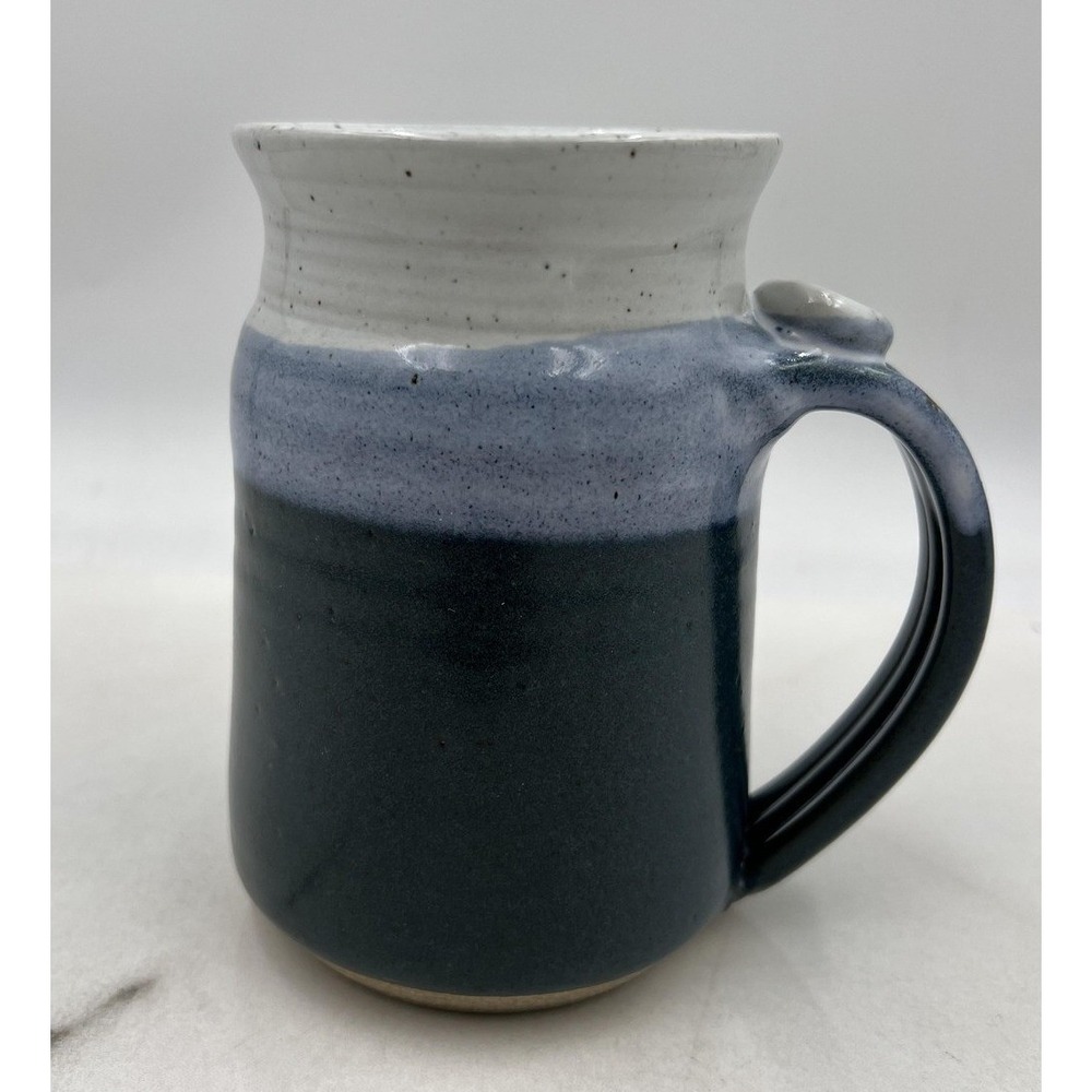 Vintage Haskin Pottery Mug Handmade Blue White Stoneware 5" Tall Signed